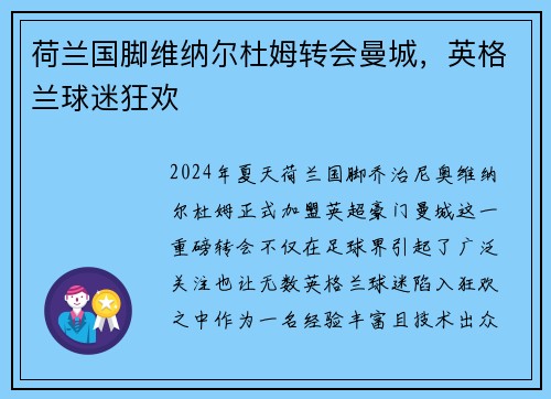荷兰国脚维纳尔杜姆转会曼城，英格兰球迷狂欢